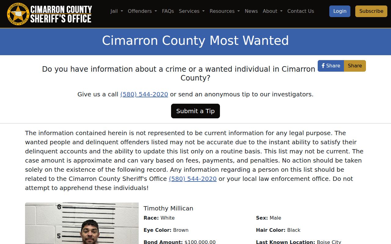Cimarron County Most Wanted public search interface