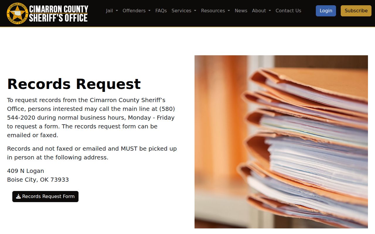 Cimarron County active warrant search sheriff records request